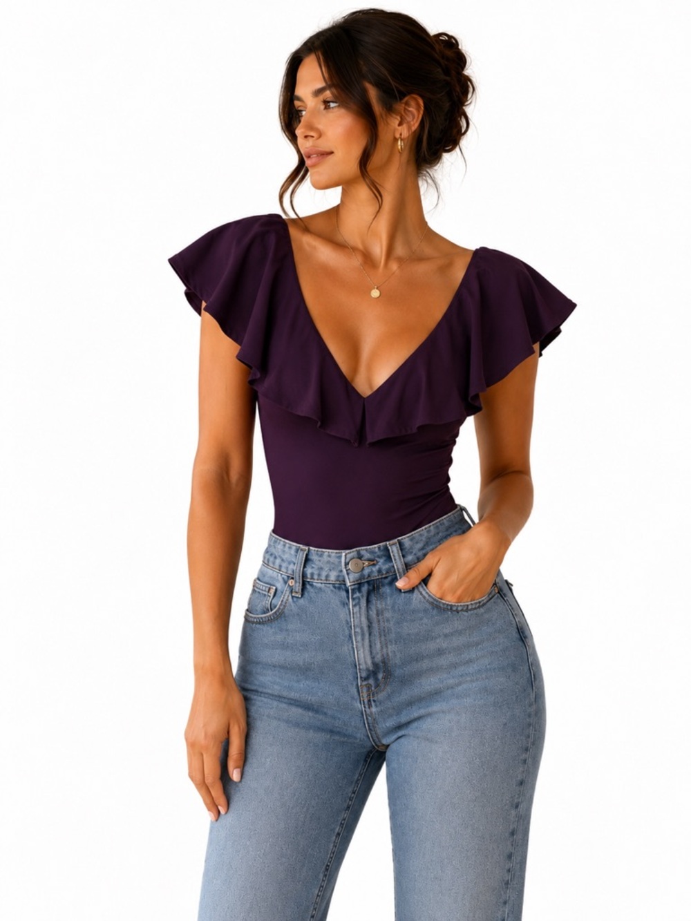 Ruffled Deep V-Neck Women's Top in Plum